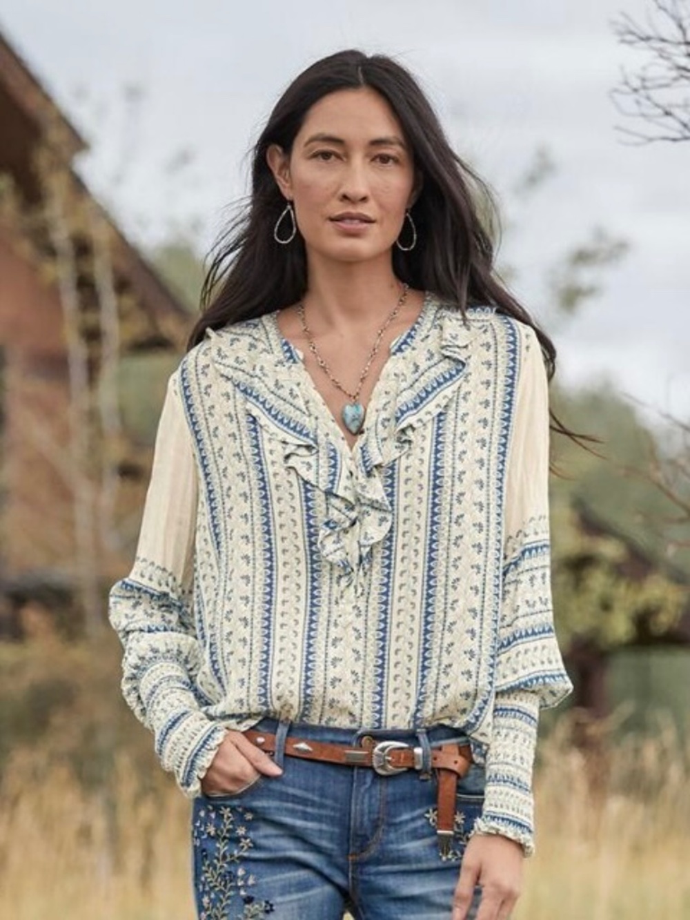 EUC [Sundance] Blue Ivory Floral Button Down Long Sleeve Peasant Blouse | Medium